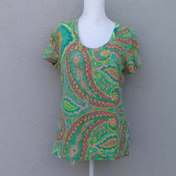 Vintage Lauren by Ralph Lauren Women's Green Paisley Tee Preppy Size L Cotton - Picture 1 of 5